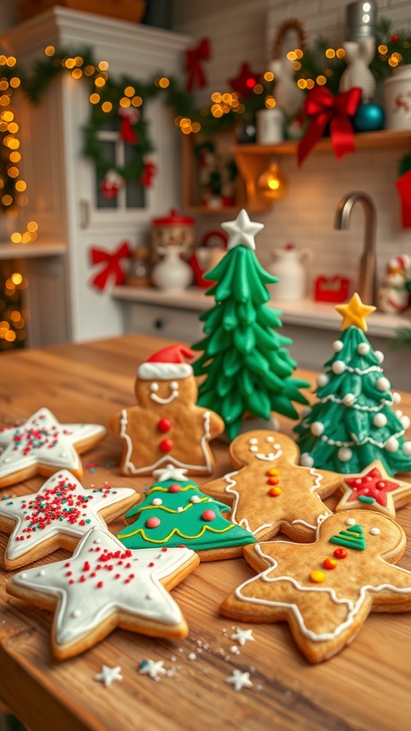 A variety of decorated Christmas cookies in festive shapes on a wooden table, with holiday decorations in the background.